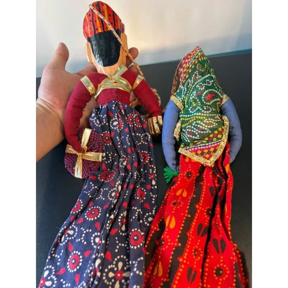Rajasthani Kathputli String Puppets Pair Carved Wood Heads Indian Folk Art